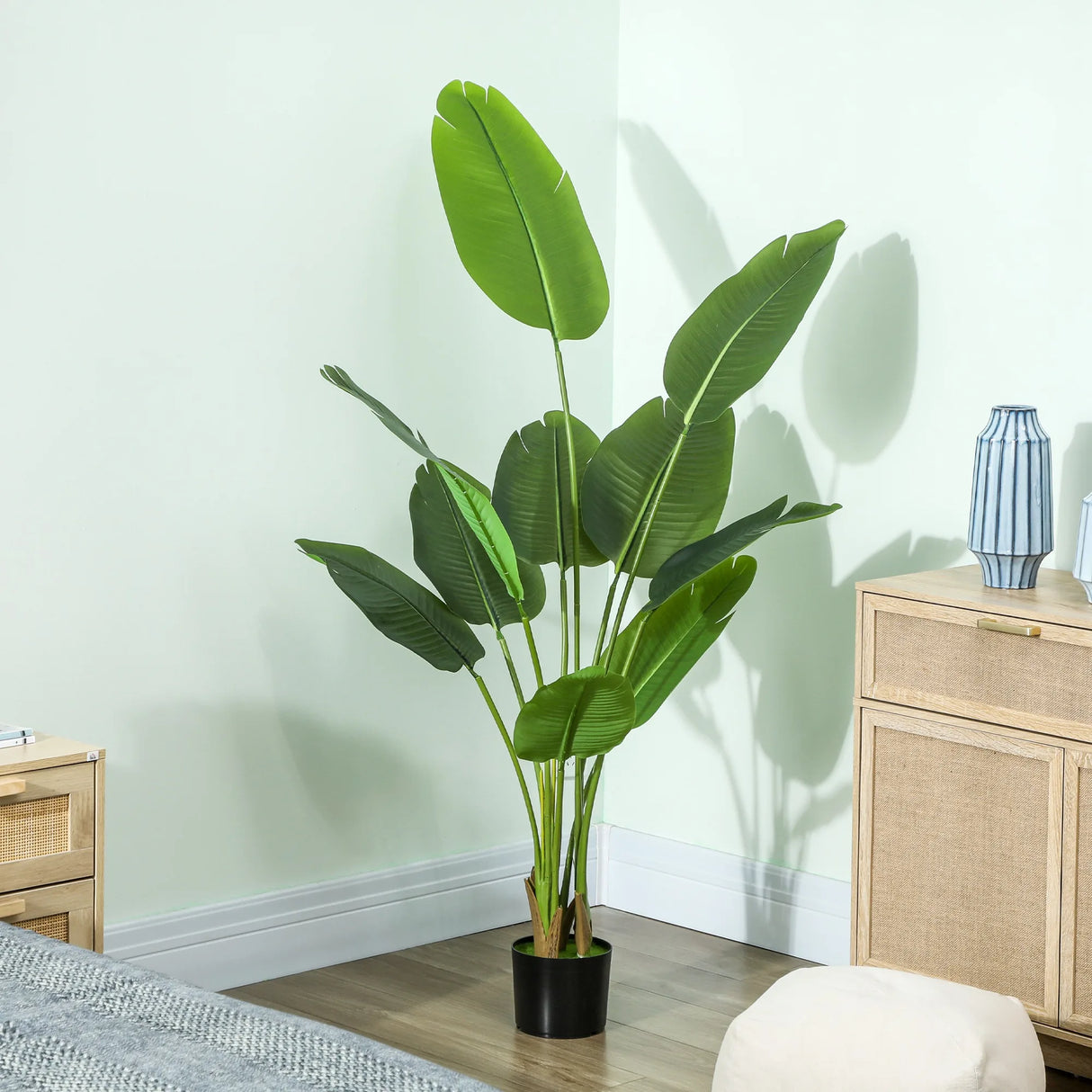 HOMCOM 160cm Tall Artificial Bird of Paradise Plant, Faux Banana Leaf Tree with PEVA Leaves and Flocking, Decorative Palm Tree in Pot for Home Office Decor, Green