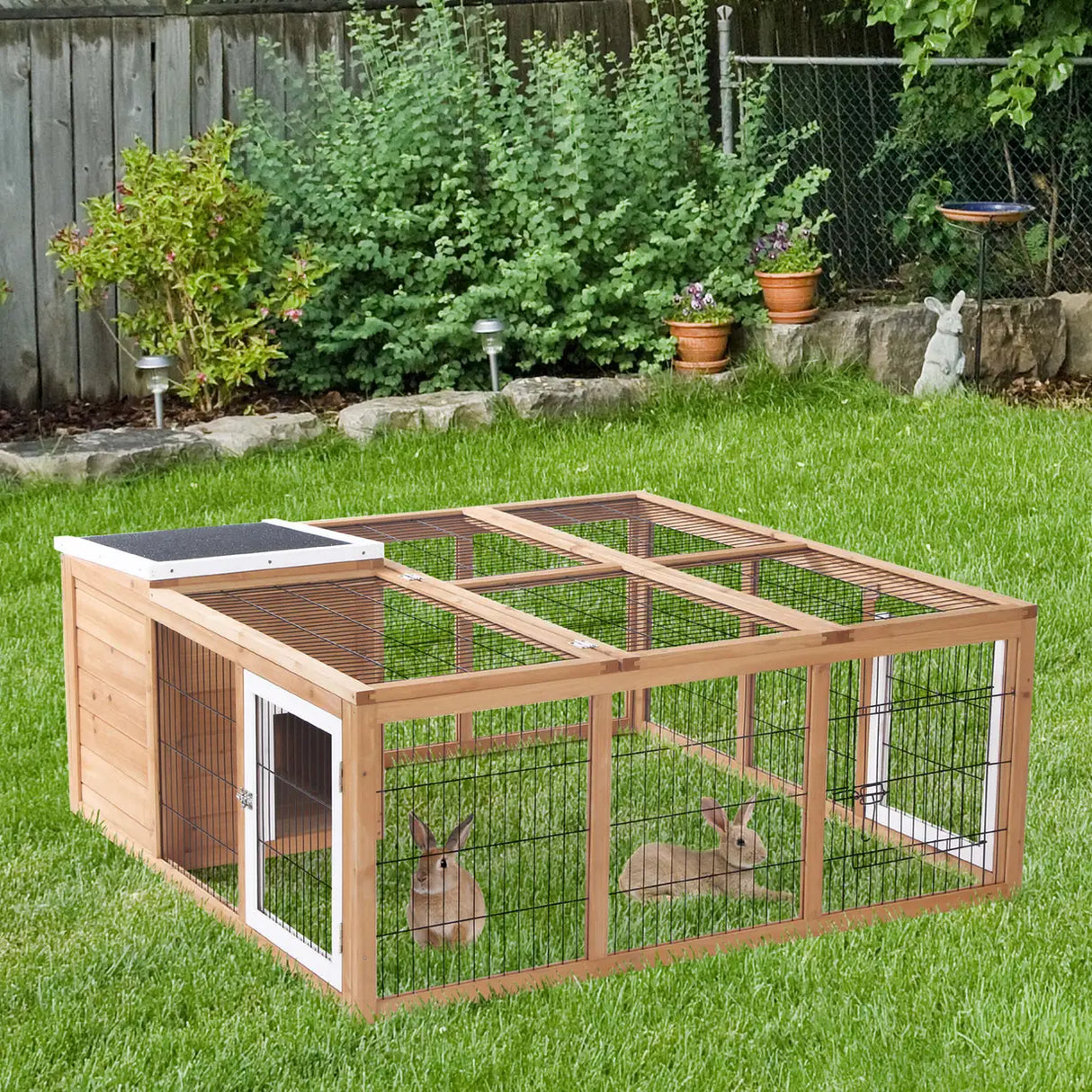 PawHut Rabbit Hutch Outdoor, Guinea Pig House, Bunny Run Cage with Openable Top for 12 Rabbits, 123 x 120 x 52cm, Yellow