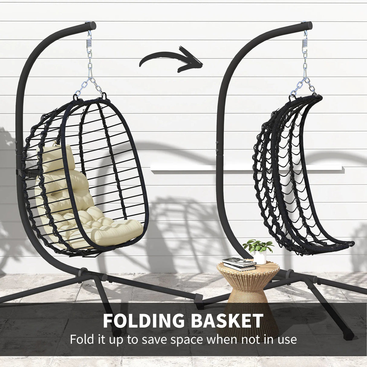 Outsunny Rattan Hanging Egg Chair, Foldable Wicker Hammock Swing Chair with Cushion, Stand, Adjustable Height, Head Pillow, Steel Frame for Garden Patio Indoor Outdoor, Cream White