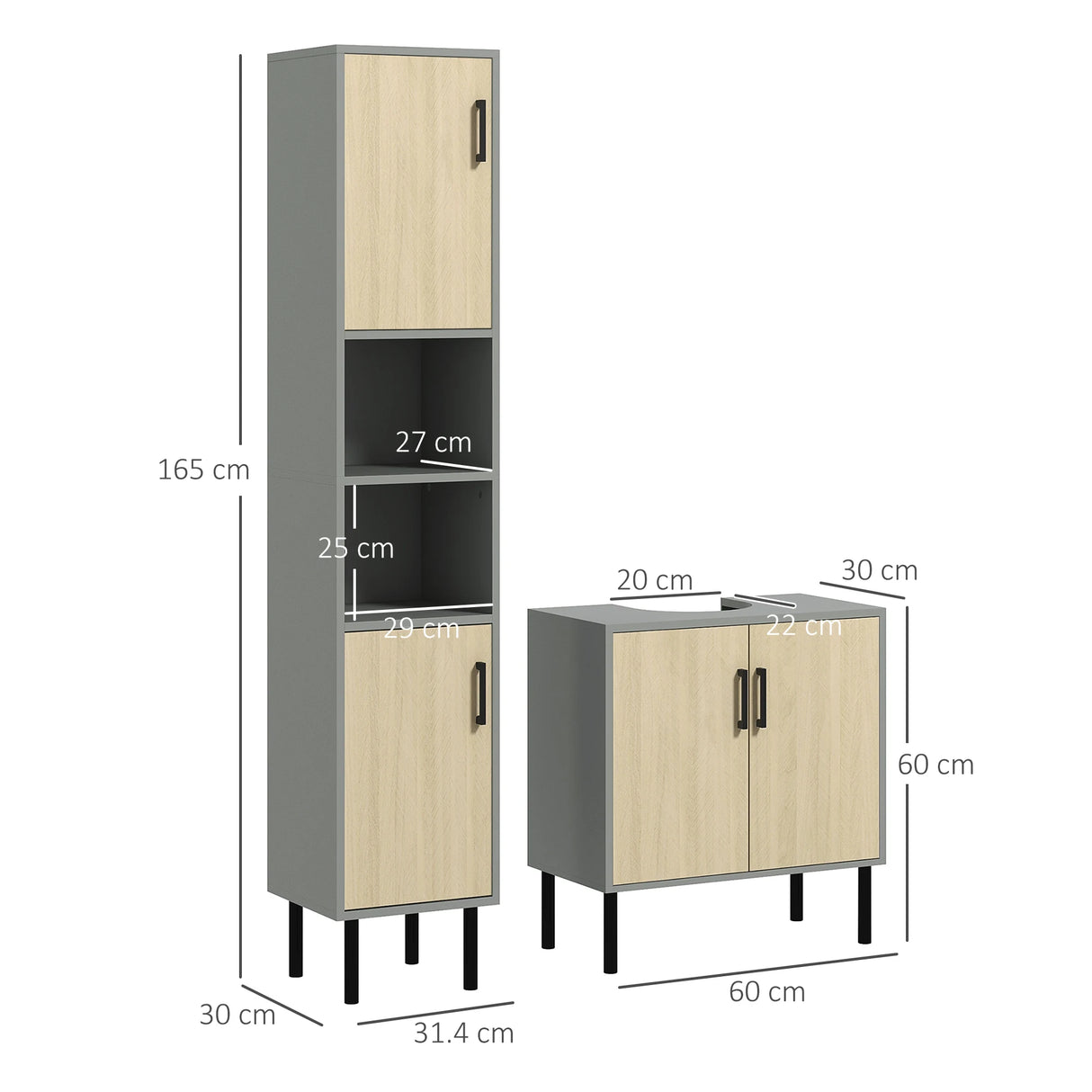 kleankin Bathroom Furniture Set with Doors, Tall Bathroom Cabinet with Adjustable Shelves, Under Sink Cabinet, Grey
