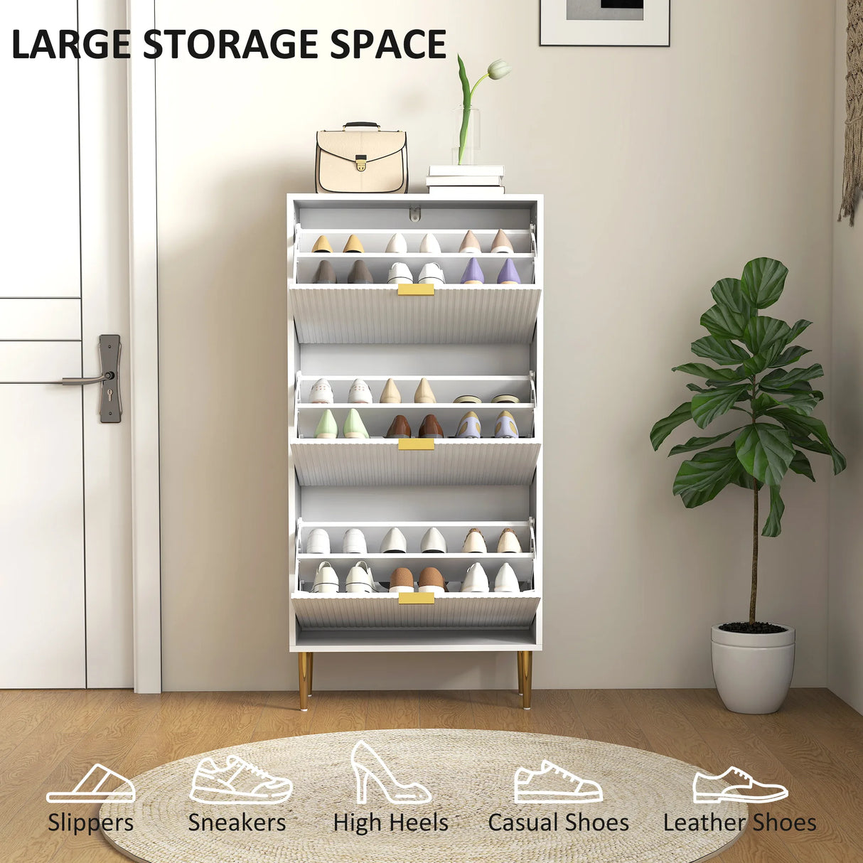 HOMCOM Narrow Shoe Cabinet with 3 Flip Drawers - White