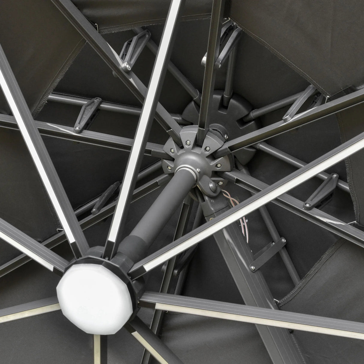 Outsunny 3m Cantilever Parasol w/ Solar Lights Power Bank Base 360 Spin Dark Grey