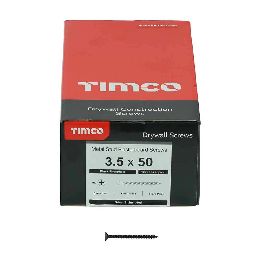 1000 x TIMCO Drywall Fine Thread Bugle Head Black Screws - 3.5 x 50