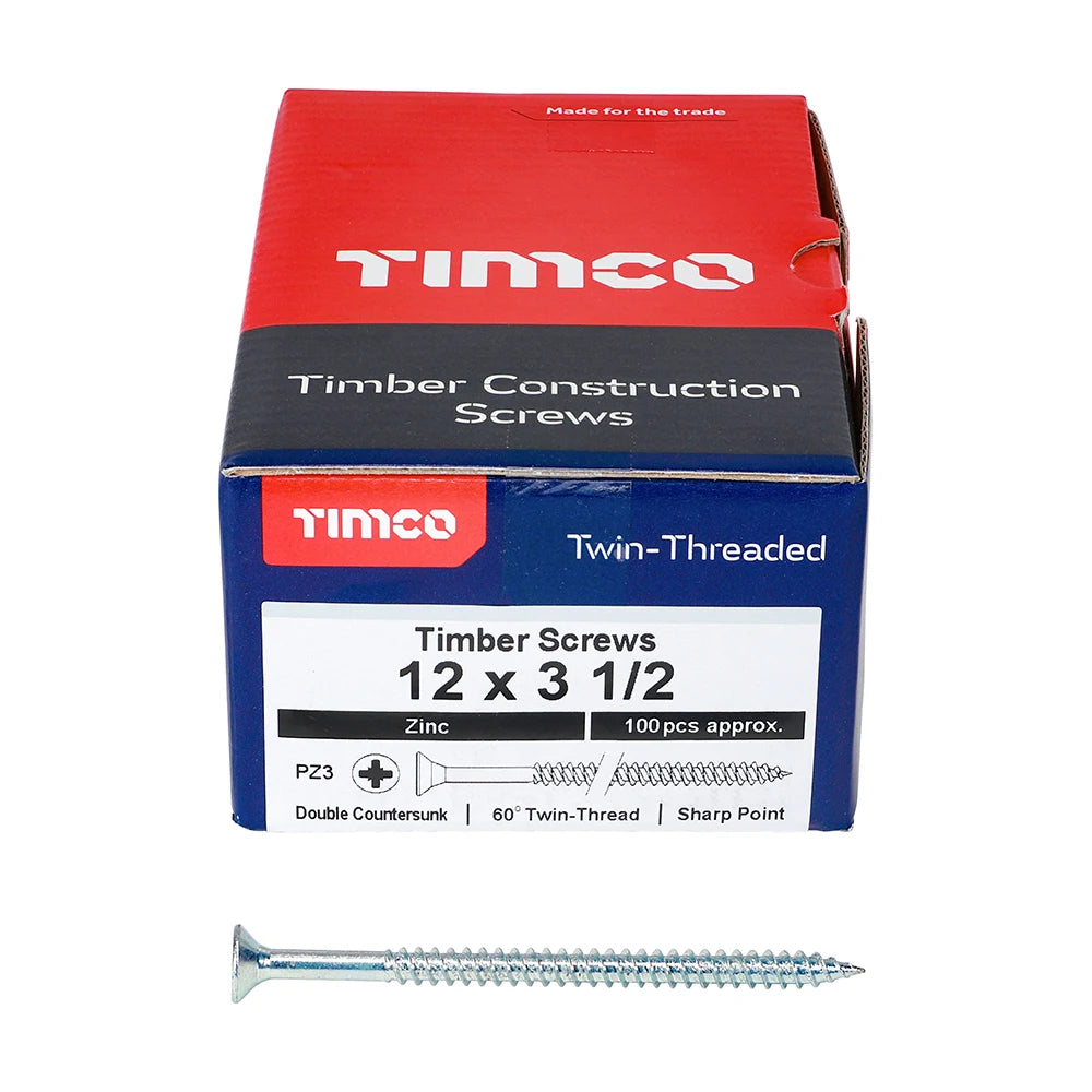 100 x TIMCO Twin-Threaded Countersunk Silver Woodscrews - 12 x 3 1/2