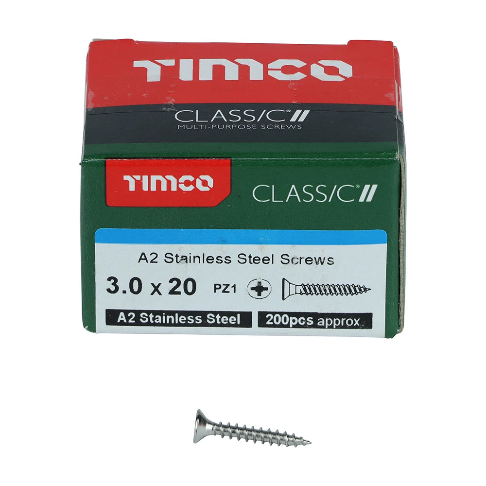 200 x TIMCO Classic Multi-Purpose Countersunk A2 Stainless Steel Woodcrews - 3.0 x 20