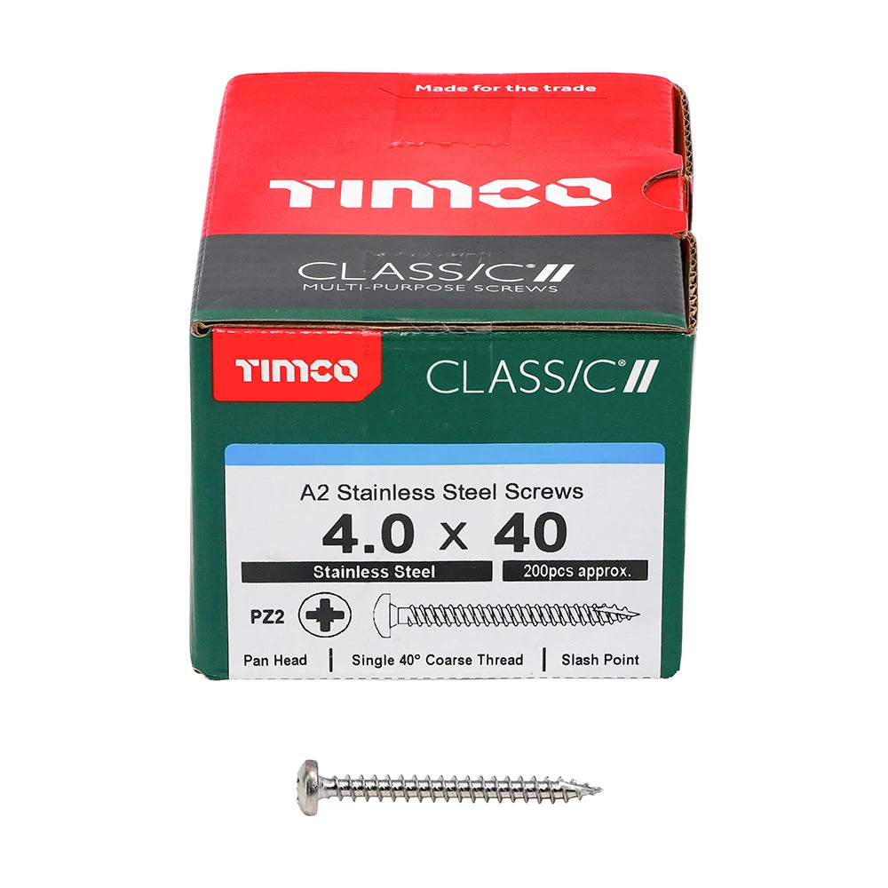 200 x TIMCO Classic Multi-Purpose Pan Head A2 Stainless Steel Woodcrews - 4.0 x 40