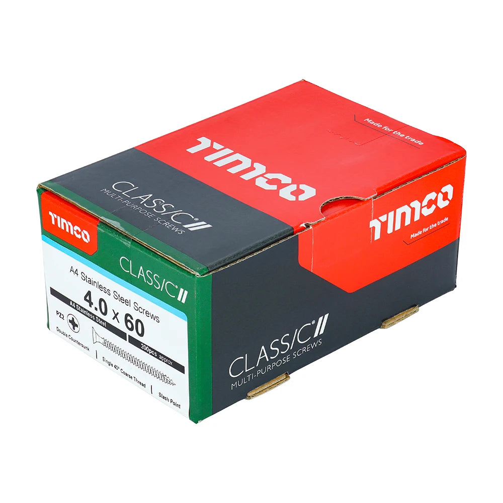 200 x TIMCO Classic Multi-Purpose Countersunk A4 Stainless Steel Woodcrews - 4.0 x 60