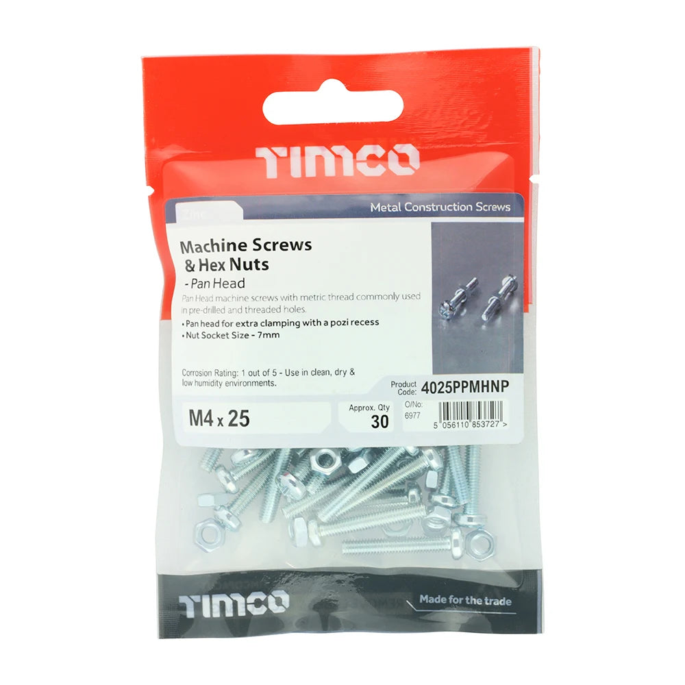 30 x TIMCO Machine Pan Head Screws & Hex Nut Silver - M4 x 25