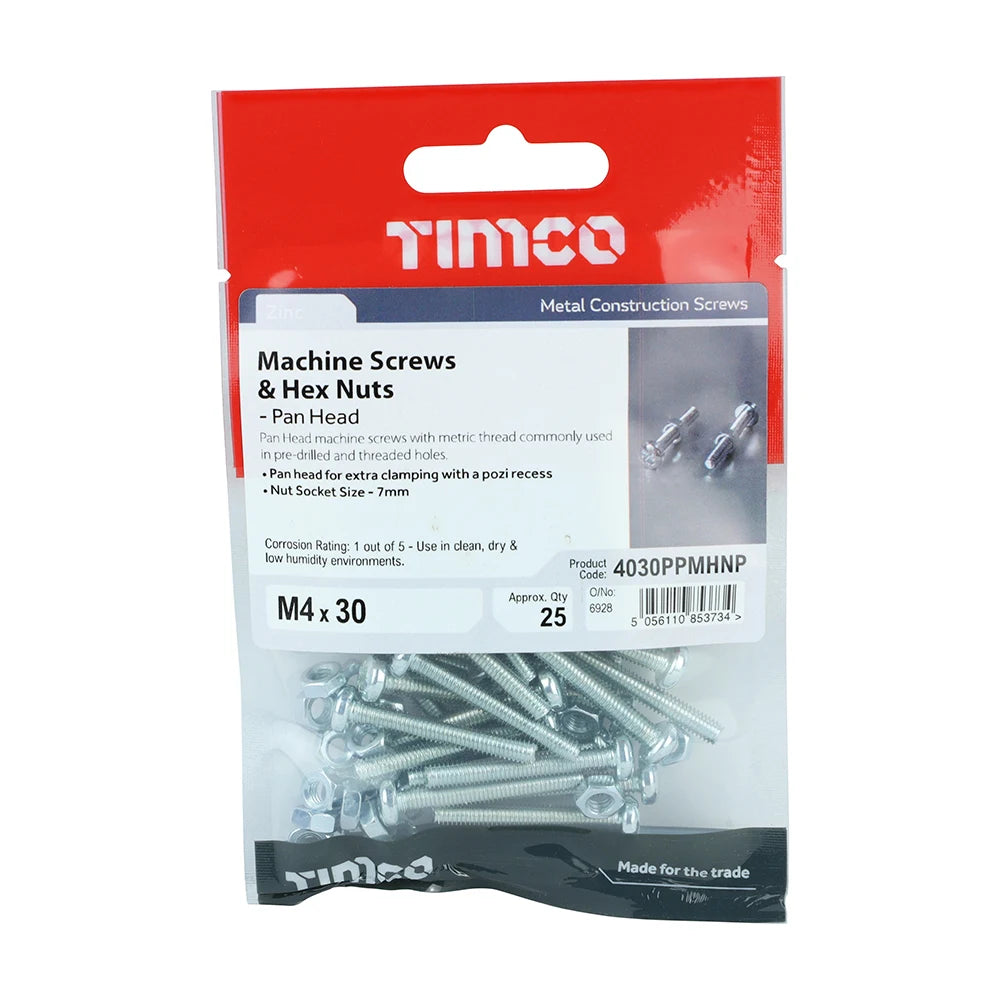 25 x TIMCO Machine Pan Head Screws & Hex Nut Silver - M4 x 30