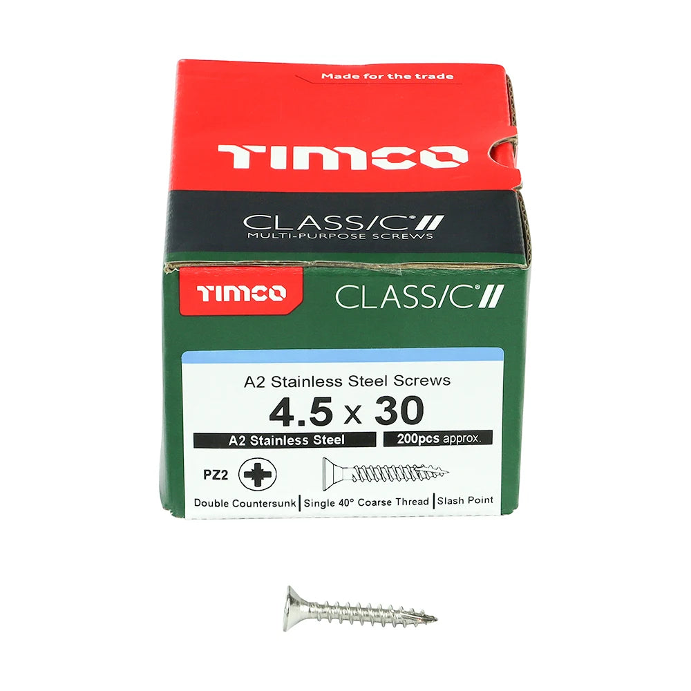 200 x TIMCO Classic Multi-Purpose Countersunk A2 Stainless Steel Woodcrews - 4.5 x 30
