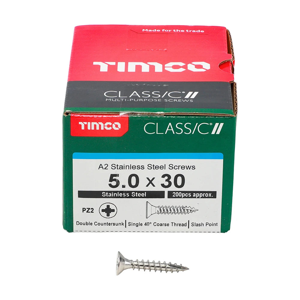 200 x TIMCO Classic Multi-Purpose Countersunk A2 Stainless Steel Woodcrews - 5.0 x 30