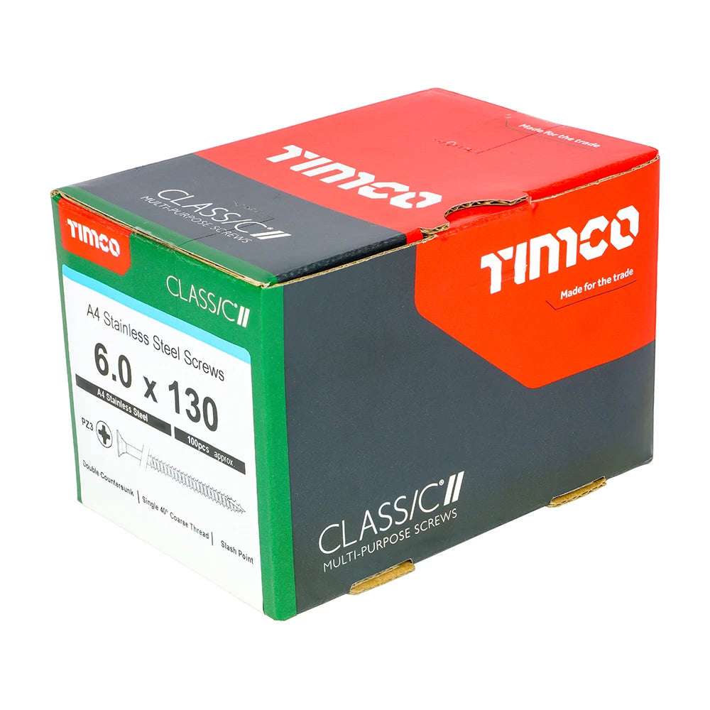 100 x TIMCO Classic Multi-Purpose Countersunk A4 Stainless Steel Woodcrews - 6.0 x 130