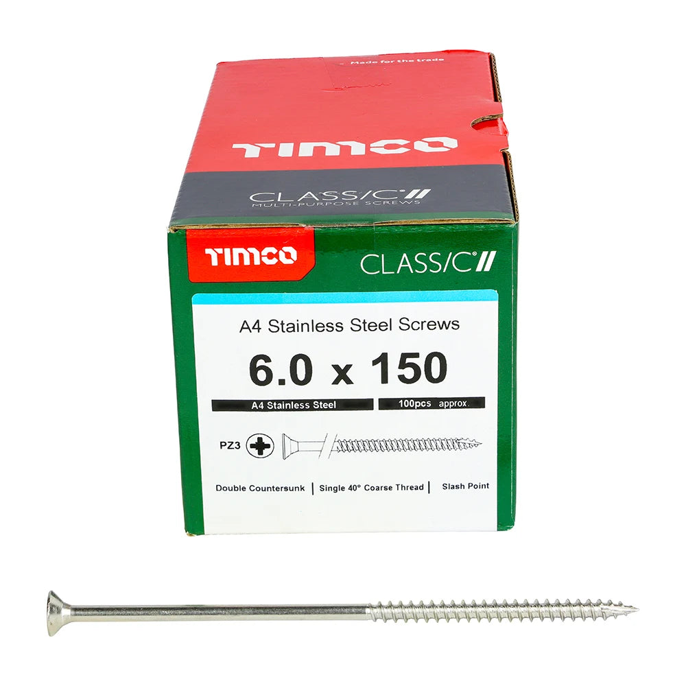 100 x TIMCO Classic Multi-Purpose Countersunk A4 Stainless Steel Woodcrews - 6.0 x 150