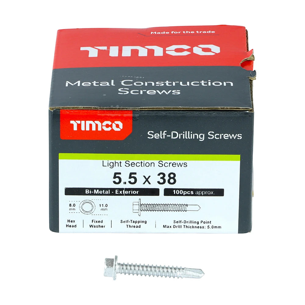 100 x TIMCO Self-Drilling Light Section A2 Stainless Steel Bi-Metal Screws - 5.5 x 38