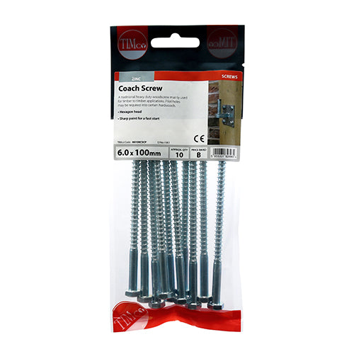 10 x TIMCO Coach Screws Hex Head Silver - 6.0 x 100