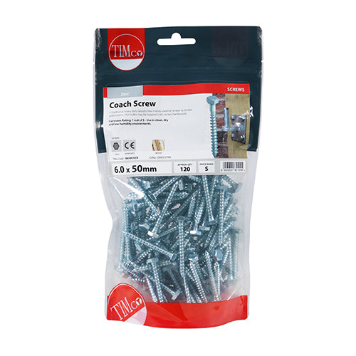 120 x TIMCO Coach Screws Hex Head Silver - 6.0 x 50