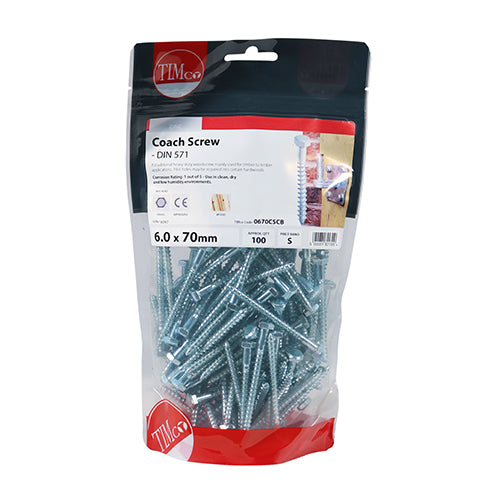 100 x TIMCO Coach Screws Hex Head Silver - 6.0 x 70