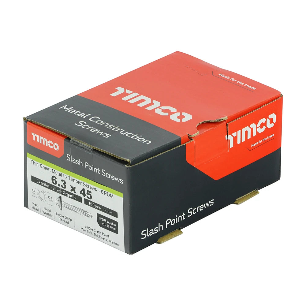 100 x TIMCO Slash Point Sheet Metal to Timber Screws Exterior Silver with EPDM Washer - 6.3 x 45