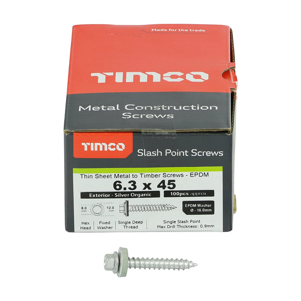 100 x TIMCO Slash Point Sheet Metal to Timber Screws Exterior Silver with EPDM Washer - 6.3 x 45