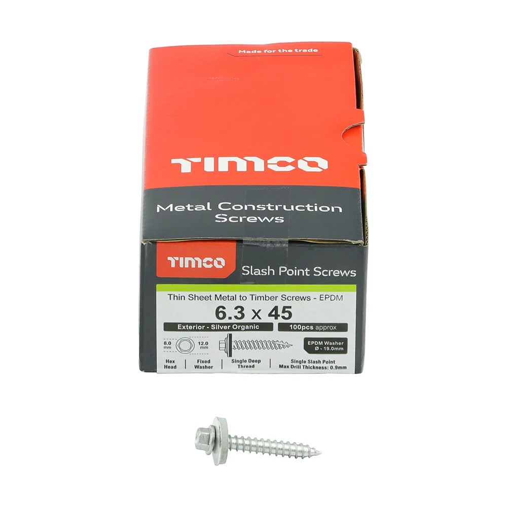 100 x TIMCO Slash Point Sheet Metal to Timber Screws Exterior Silver with EPDM Washer - 6.3 x 45