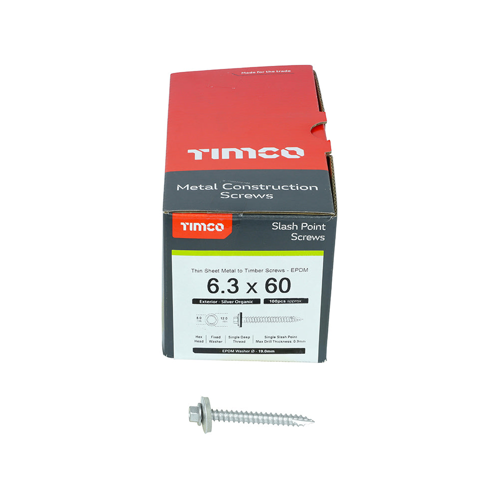 100 x TIMCO Slash Point Sheet Metal to Timber Screws Exterior Silver with EPDM Washer - 6.3 x 60