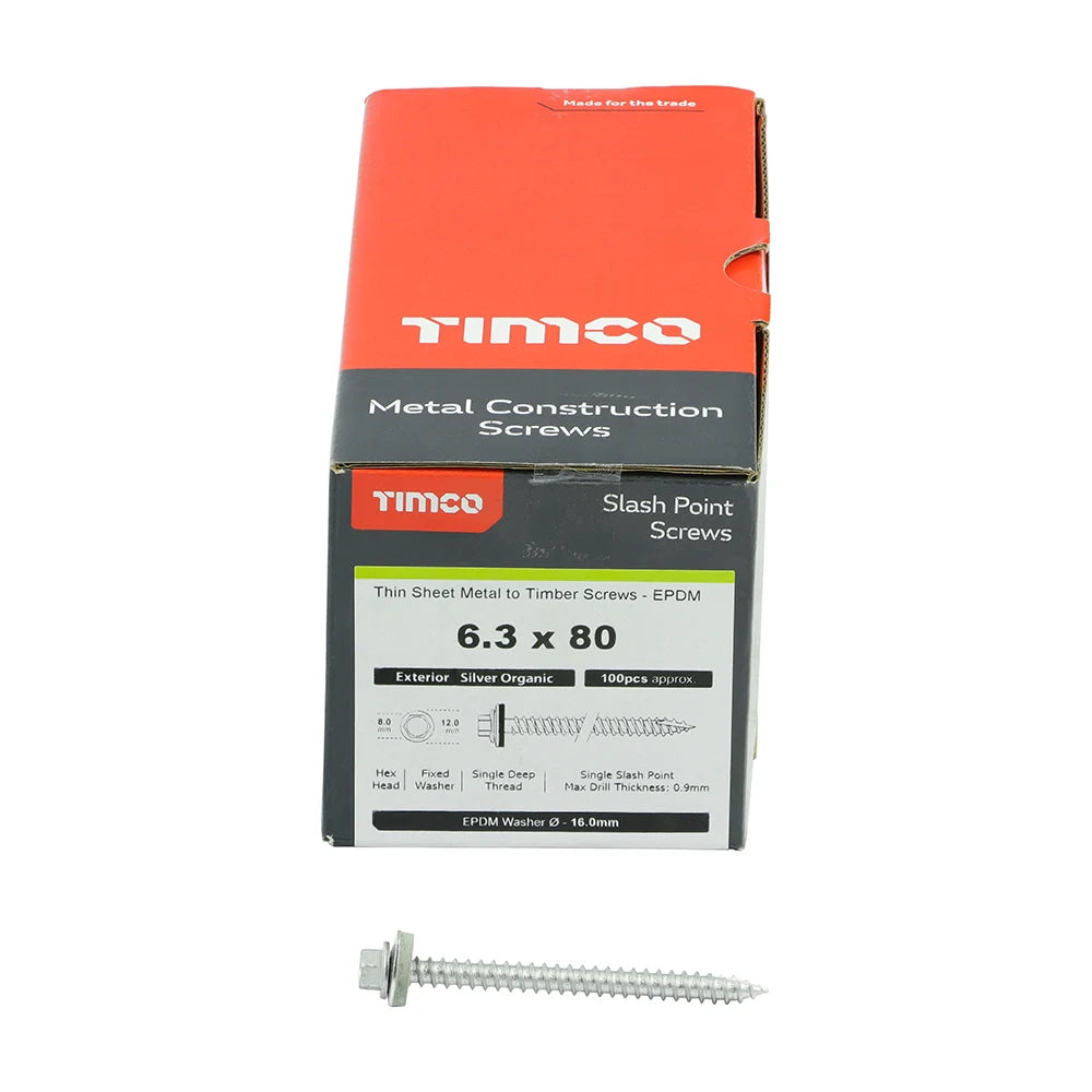 100 x TIMCO Slash Point Sheet Metal to Timber Screws Exterior Silver with EPDM Washer - 6.3 x 80