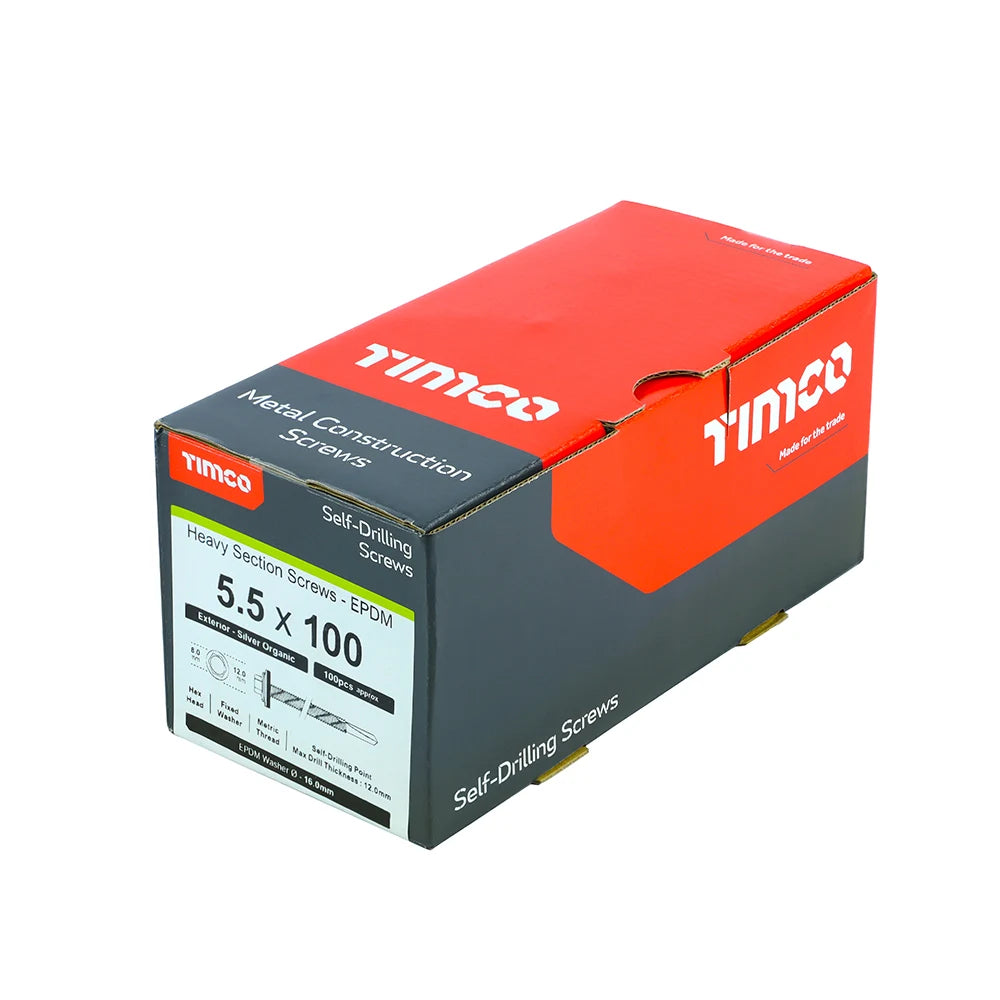 100 x TIMCO Self-Drilling Heavy Section Screws Exterior Silver with EPDM Washer - 5.5 x 100