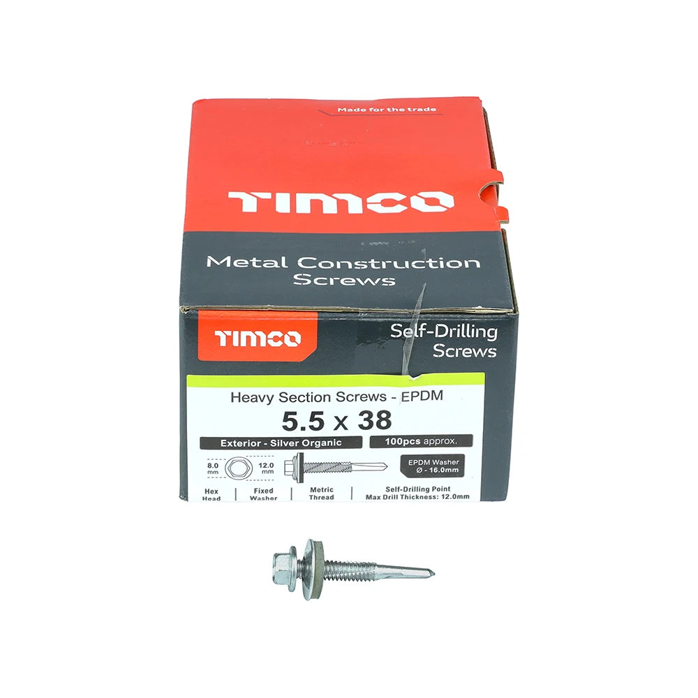100 x TIMCO Self-Drilling Heavy Section Screws Exterior Silver with EPDM Washer - 5.5 x 38
