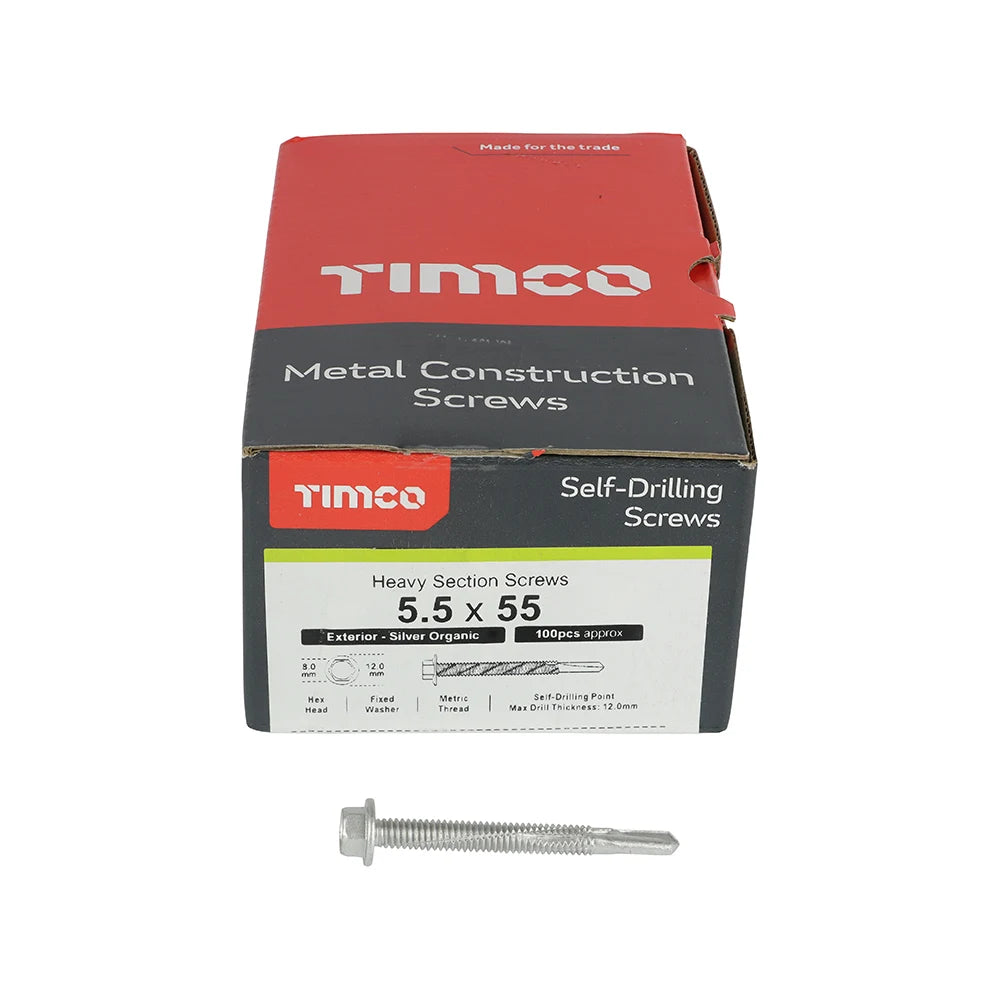 100 x TIMCO Self-Drilling Heavy Section Screws Exterior Silver - 5.5 x 55
