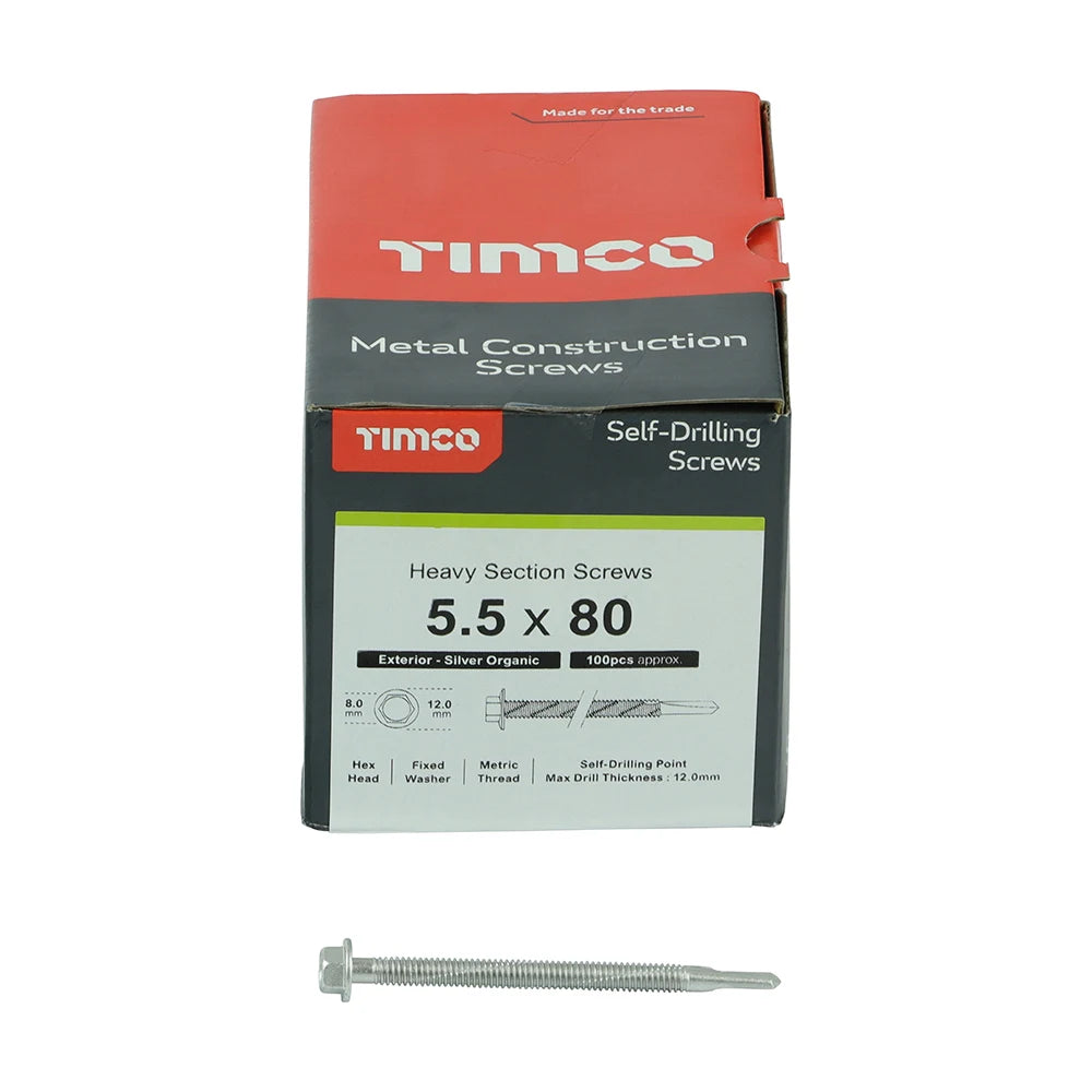 100 x TIMCO Self-Drilling Heavy Section Screws Exterior Silver with EPDM Washer - 5.5 x 80