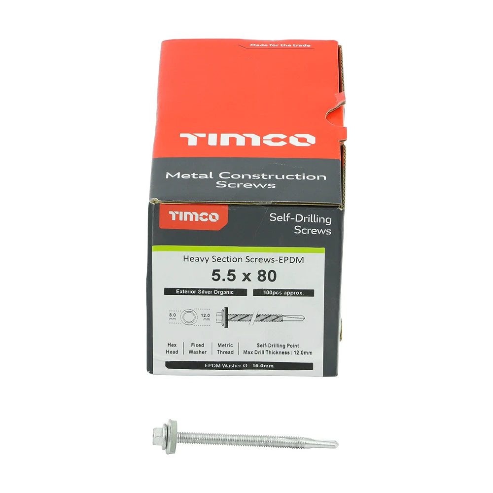 100 x TIMCO Self-Drilling Heavy Section Screws Exterior Silver with EPDM Washer - 5.5 x 80
