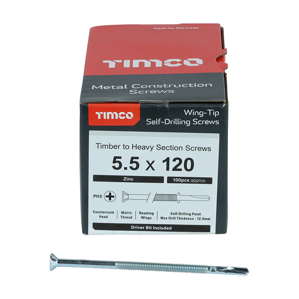 100 x TIMCO Self-Drilling Wing-Tip Steel to Timber Heavy Section Silver Screws - 5.5 x 120