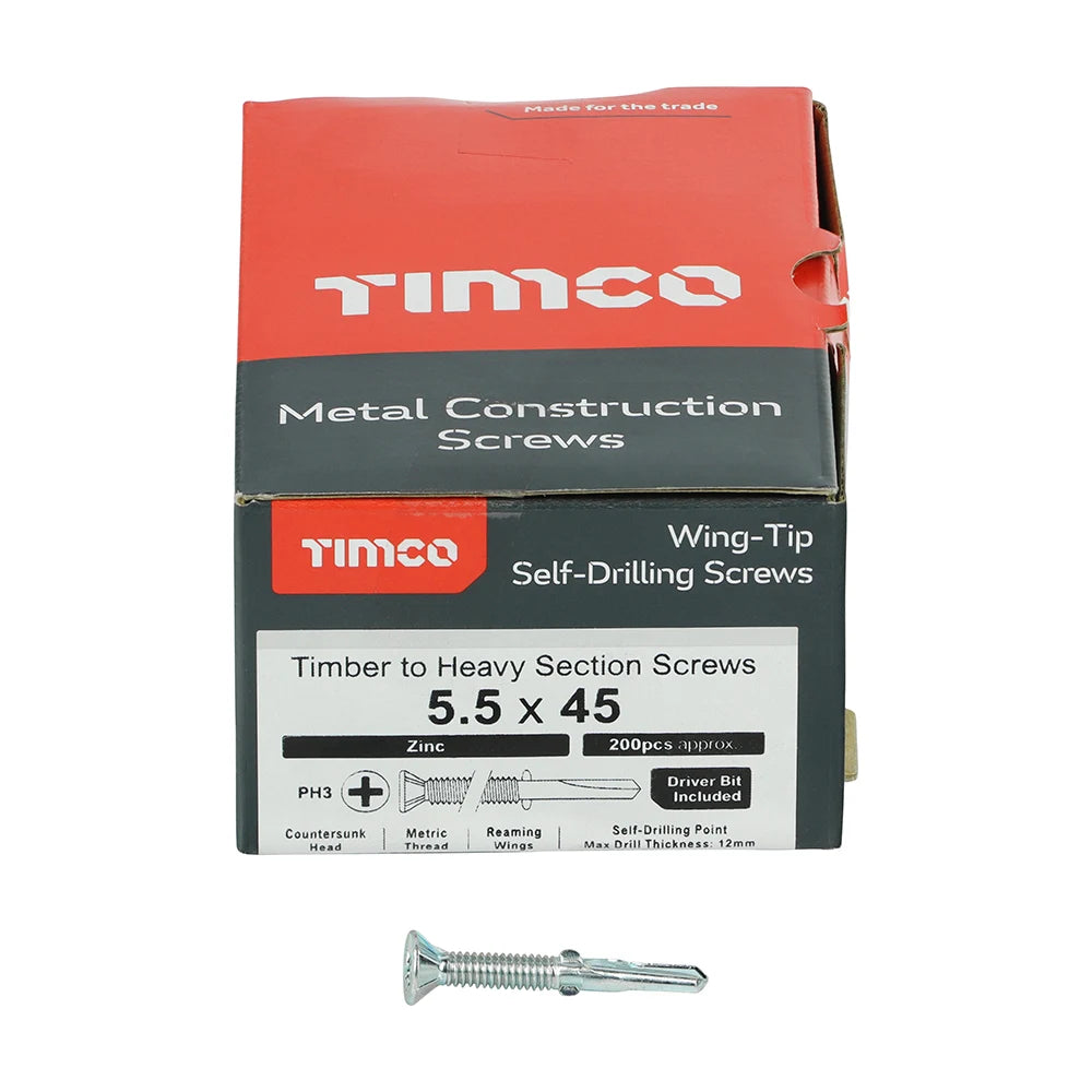200 x TIMCO Self-Drilling Wing-Tip Steel to Timber Heavy Section Silver Screws - 5.5 x 45