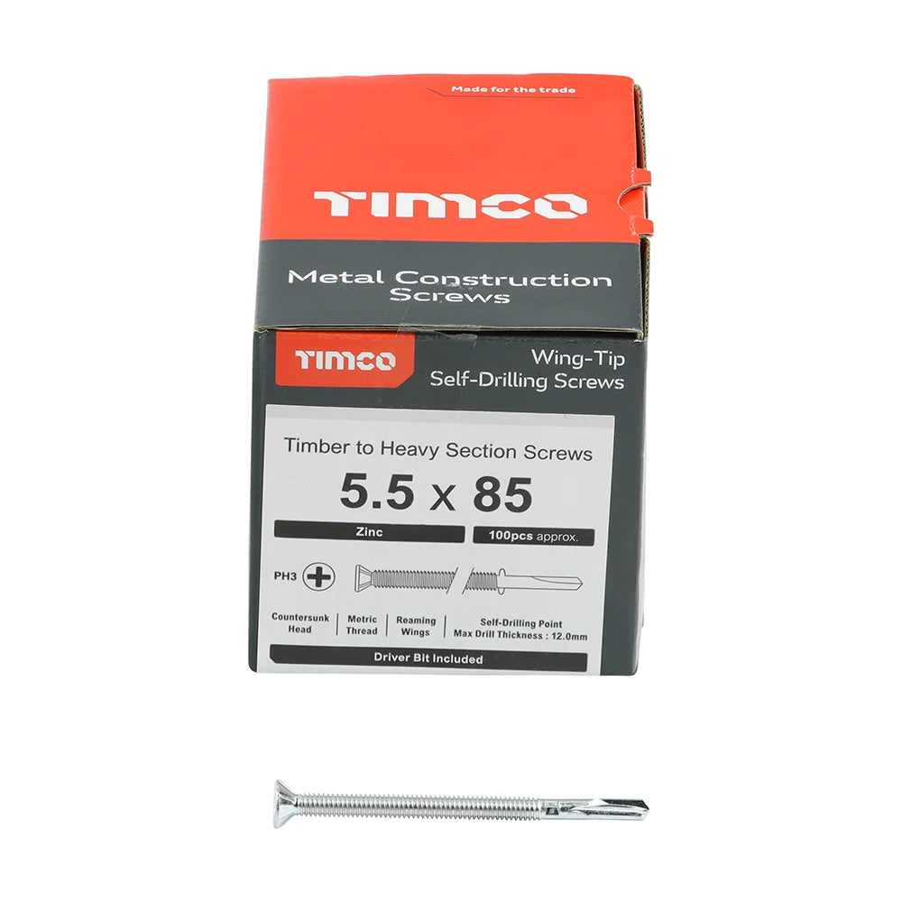 100 x TIMCO Self-Drilling Wing-Tip Steel to Timber Heavy Section Silver Screws - 5.5 x 85