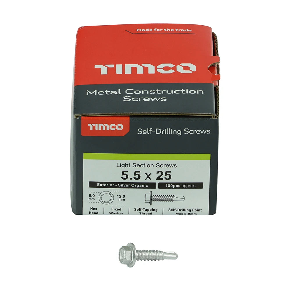100 x TIMCO Self-Drilling Light Section Screws Exterior Silver - 5.5 x 25