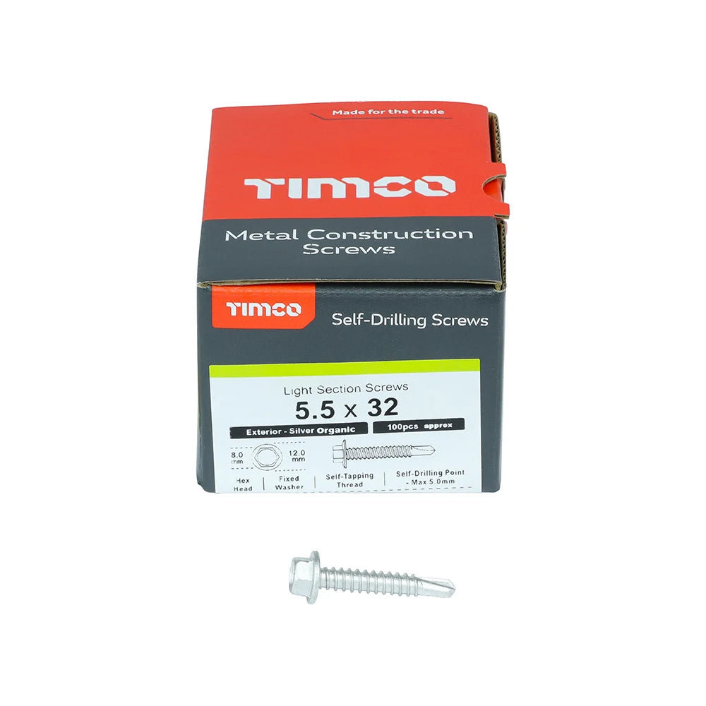 100 x TIMCO Self-Drilling Light Section Screws Exterior Silver - 5.5 x 32