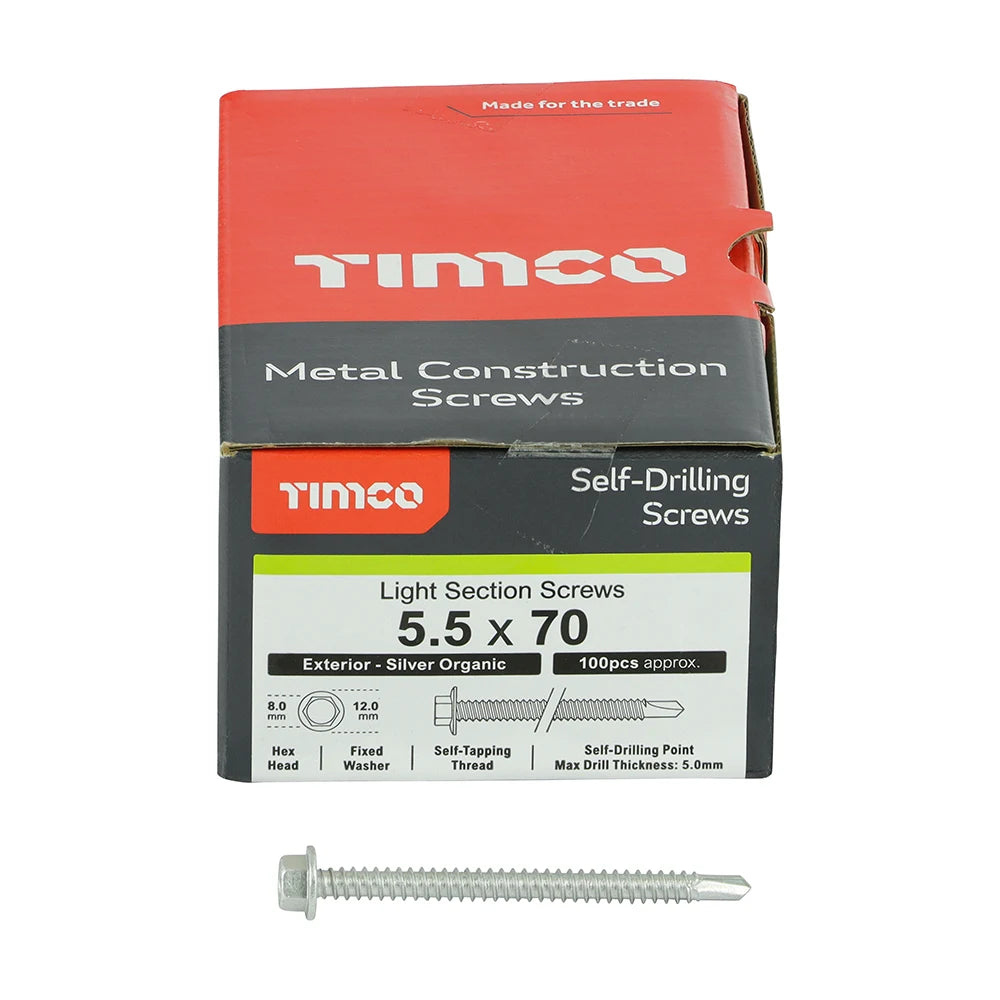 100 x TIMCO Self-Drilling Light Section Screws Exterior Silver - 5.5 x 70
