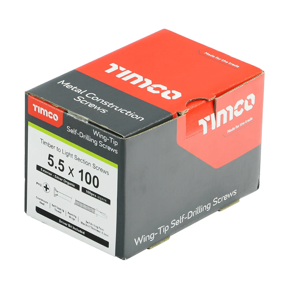 100 x TIMCO Self-Drilling Wing-Tip Steel to Timber Light Section Exterior Silver Screws - 5.5 x 100