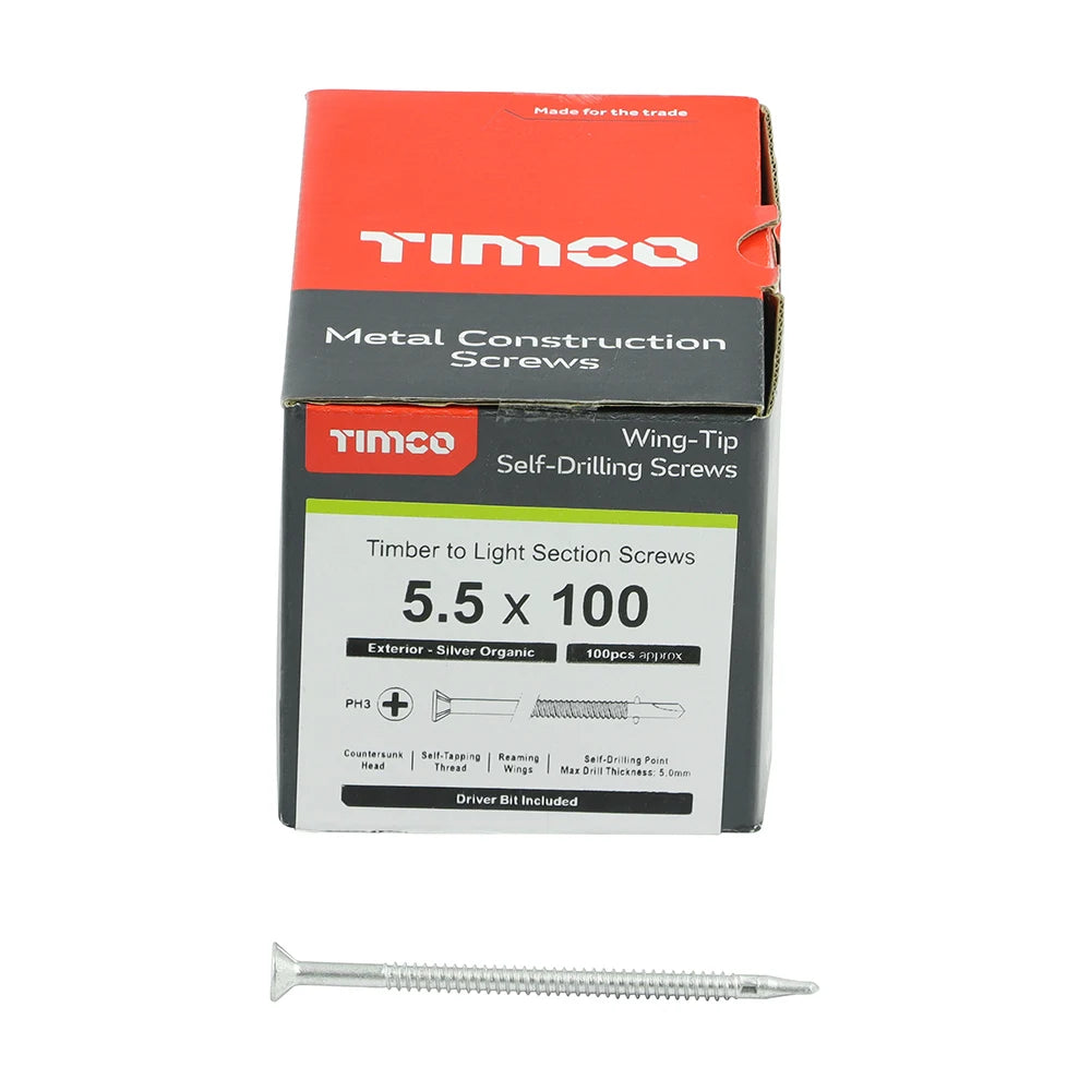 100 x TIMCO Self-Drilling Wing-Tip Steel to Timber Light Section Exterior Silver Screws - 5.5 x 100