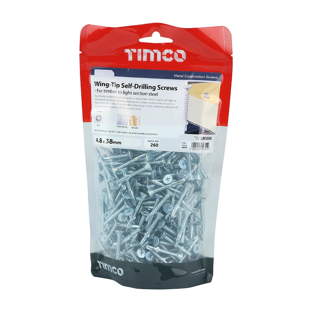 260 x TIMCO Self-Drilling Wing-Tip Steel to Timber Light Section Silver Screws - 4.8 x 38