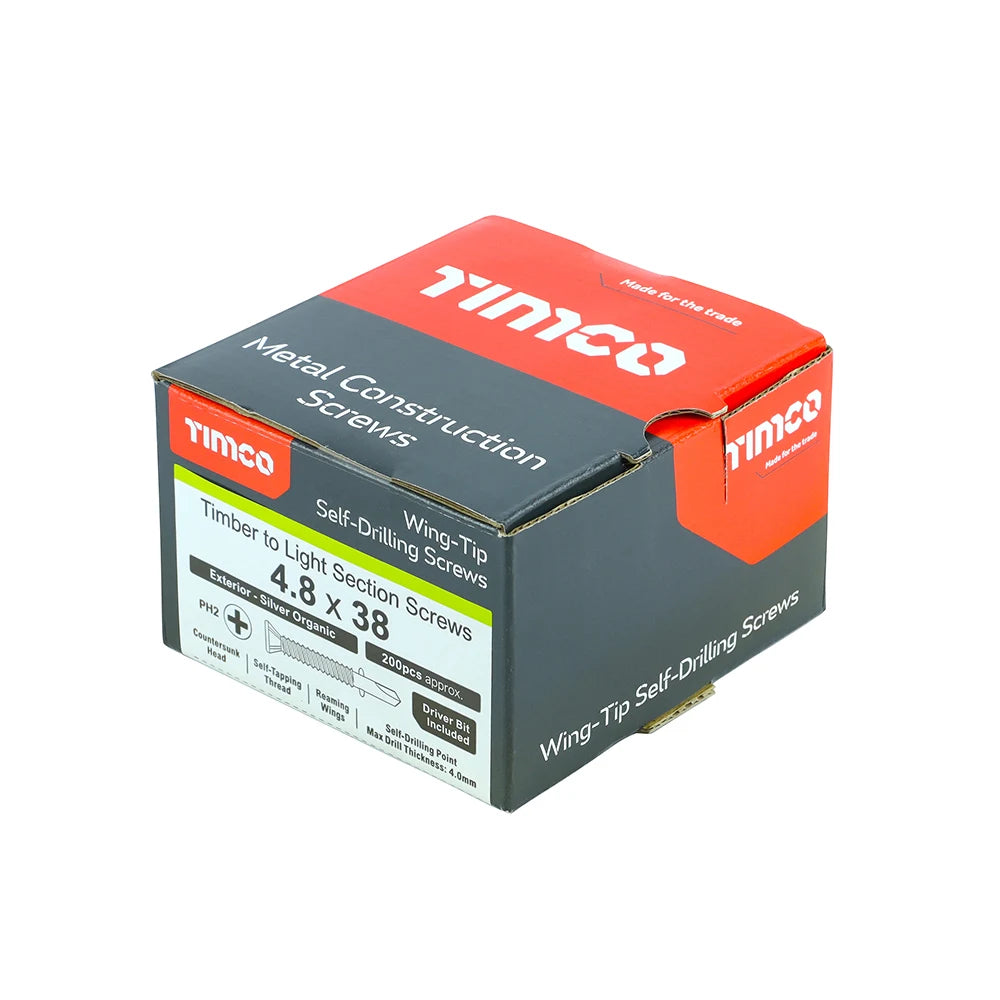 200 x TIMCO Self-Drilling Wing-Tip Steel to Timber Light Section Exterior Silver Screws - 4.8 x 38