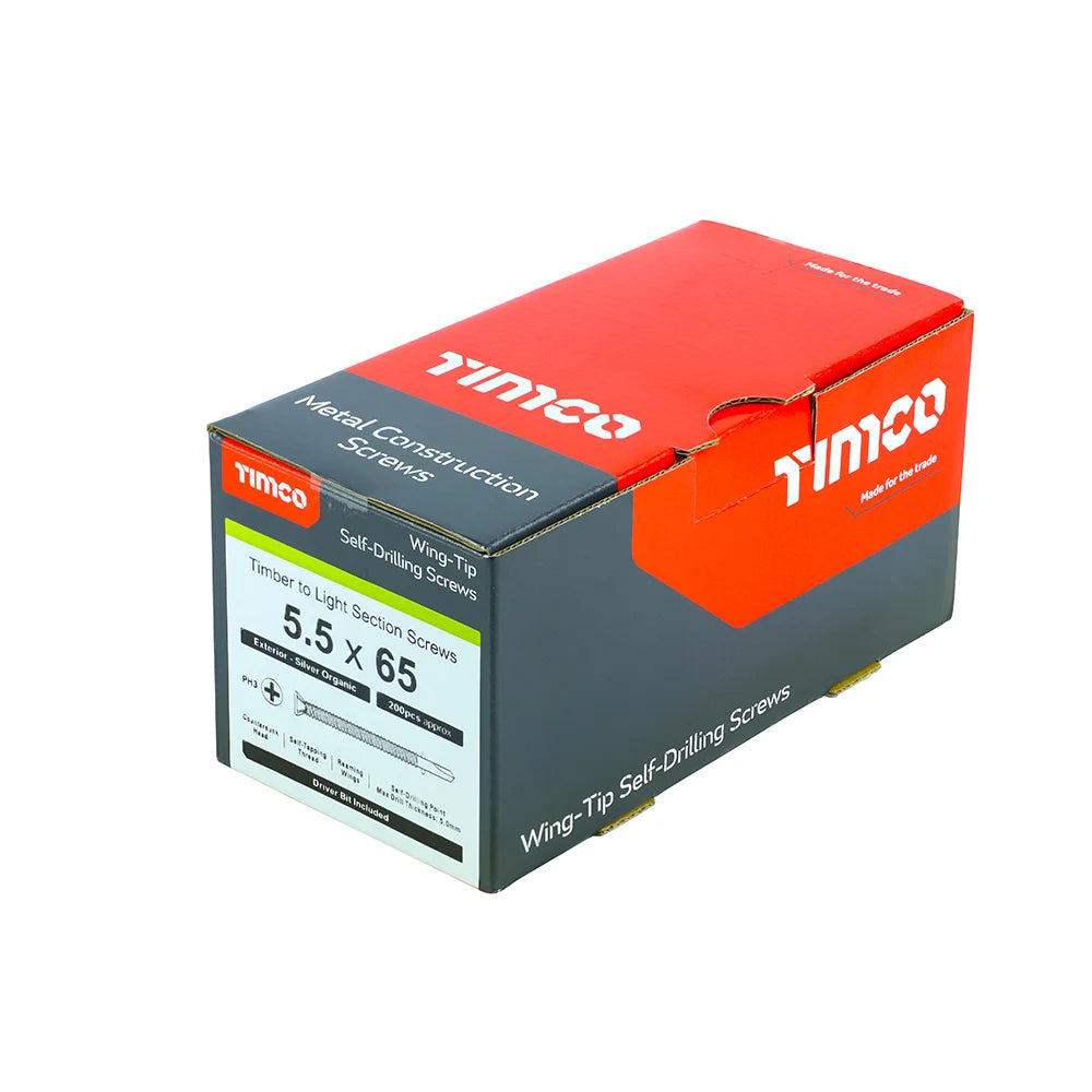 200 x TIMCO Self-Drilling Wing-Tip Steel to Timber Light Section Exterior Silver Screws - 5.5 x 65