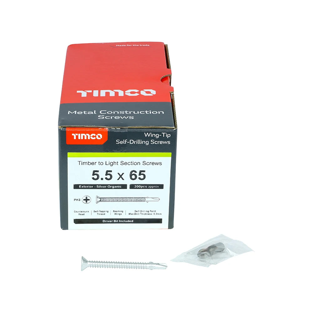 200 x TIMCO Self-Drilling Wing-Tip Steel to Timber Light Section Exterior Silver Screws - 5.5 x 65