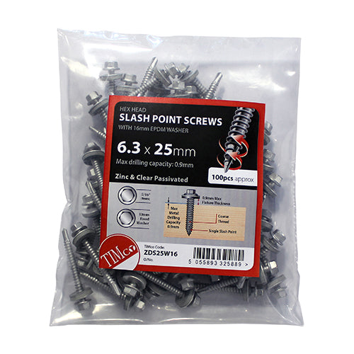 100 x TIMCO Slash Point Sheet Metal to Timber Screws Silver with EPDM Washer - 6.3 x 25