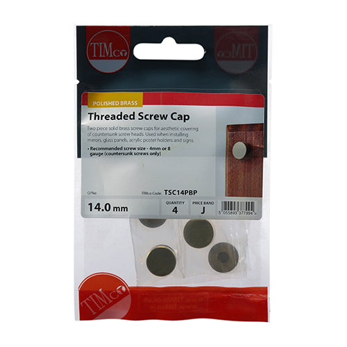 4 x TIMCO Threaded Screw Caps Solid Brass Polished Brass - 14mm