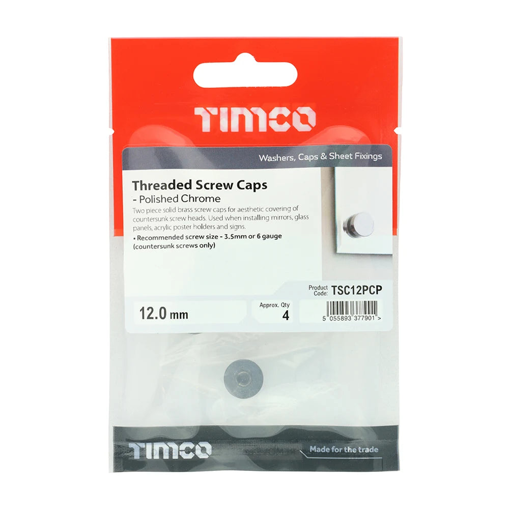 4 x TIMCO Threaded Screw Caps Solid Brass Polished Chrome - 12mm