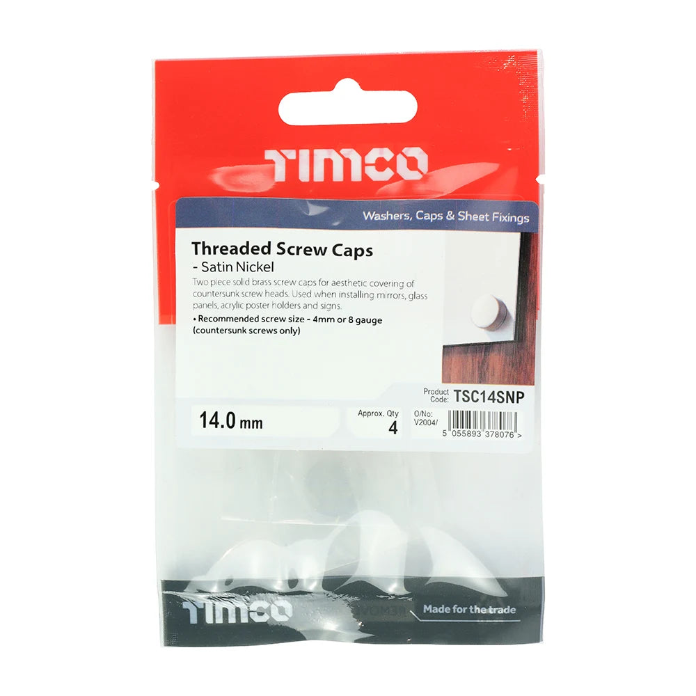 4 x TIMCO Threaded Screw Caps Solid Brass Satin Nickel - 14mm