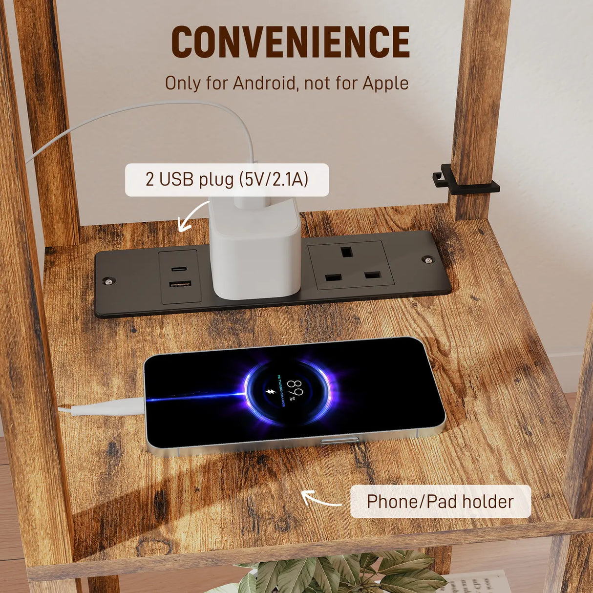 HOMCOM Floor Lamp with Shelves, 4 Layer Standing Lamp with USB Ports, 3 Colour Temperature, Rustic Brown