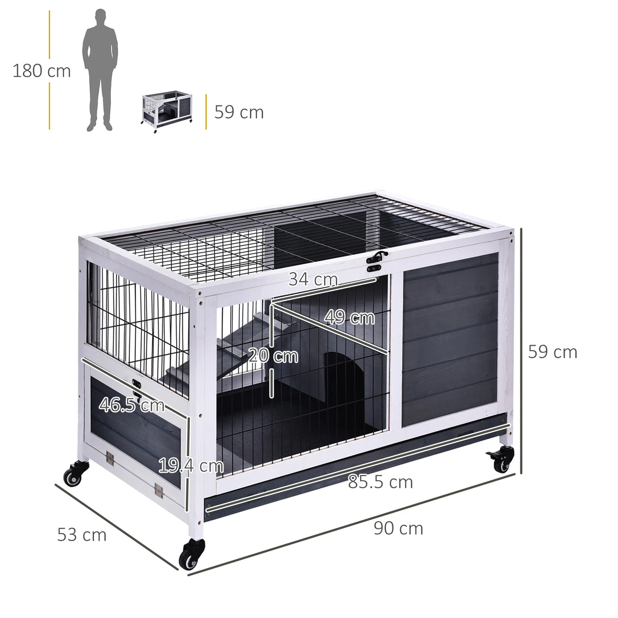 PawHut Wooden Guinea Pig Hutch, 2-Floor Bunny Cage w/ Enclosed Run Area, Grey