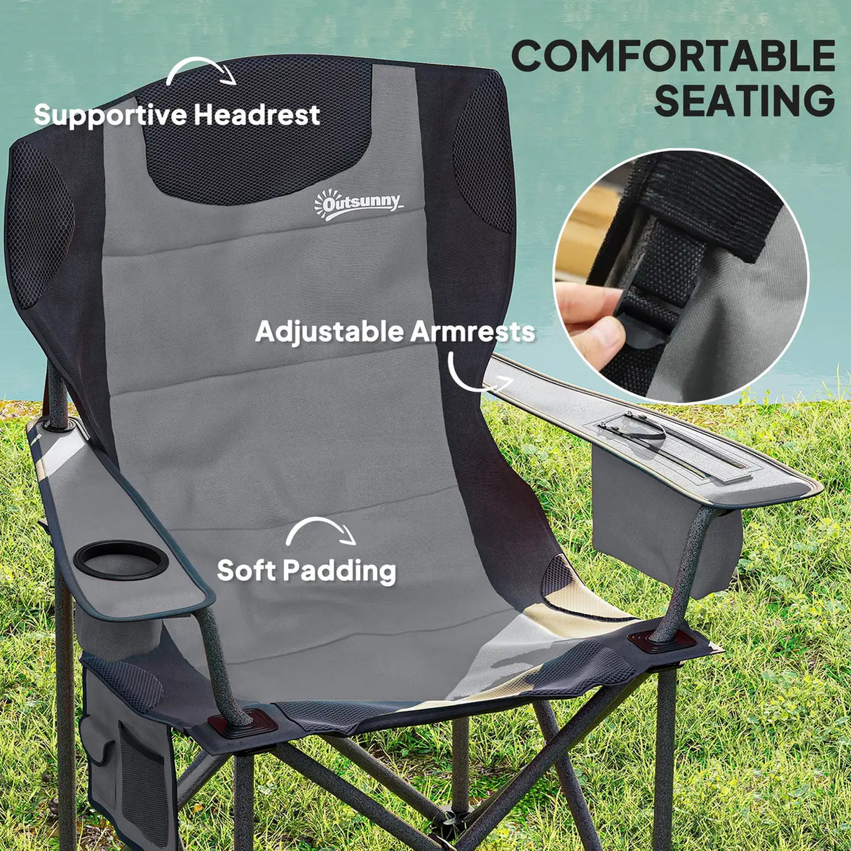 Outsunny Set of 2 Folding Camping Chairs, Padded Camping Chairs with Adjustable Armrests, Portable & Lightweight Folding Camp Chair with Cooler Bag, Cup Holder and Side Pockets, Grey